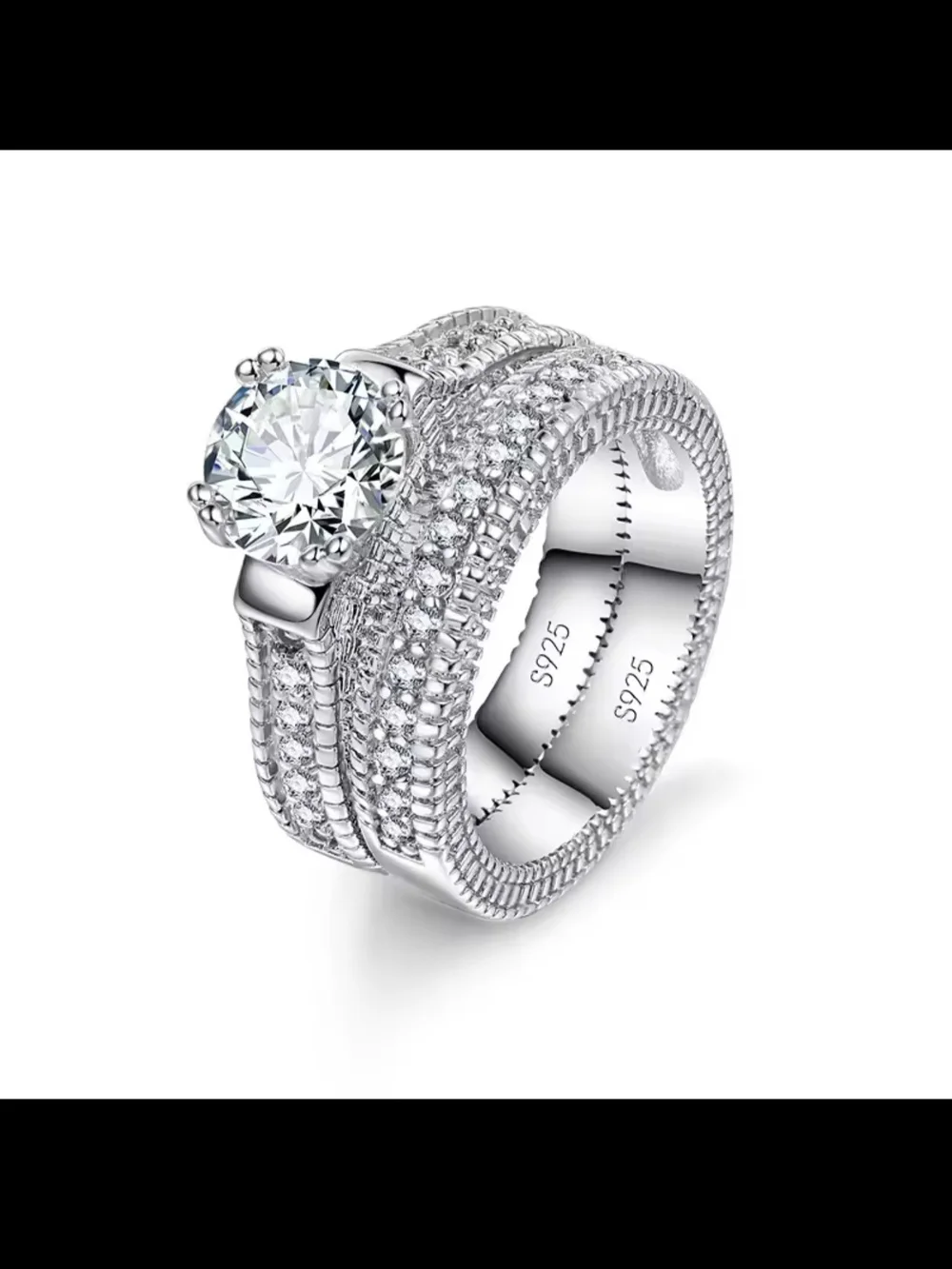 Sterling Silver White Saphire Solitaire & Pavé Bridal Ring Set - Silver